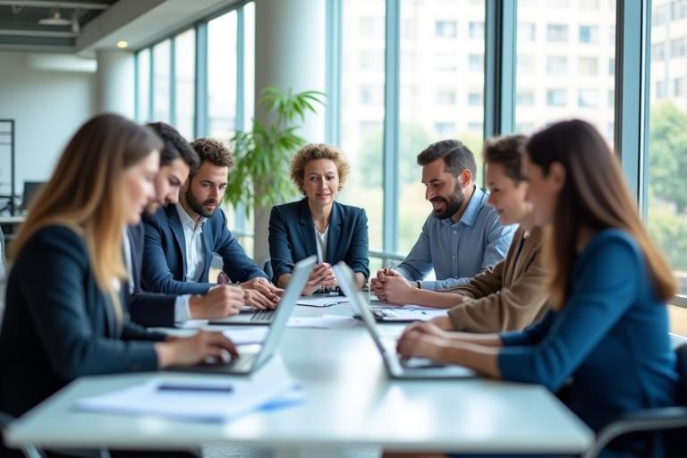 Corporate team collaborating in modern office